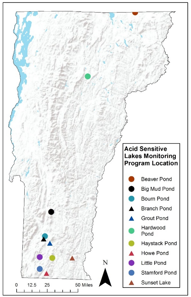 Figure 37. Locations of lakes/ponds in the Acid Lakes Monitoring Program in Vermont.