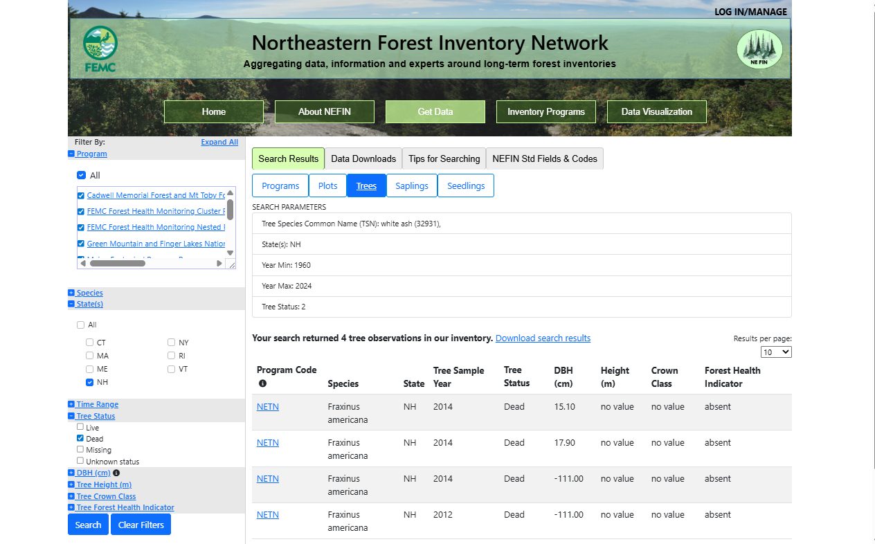 Image of NEFIN CFI data tool filtering