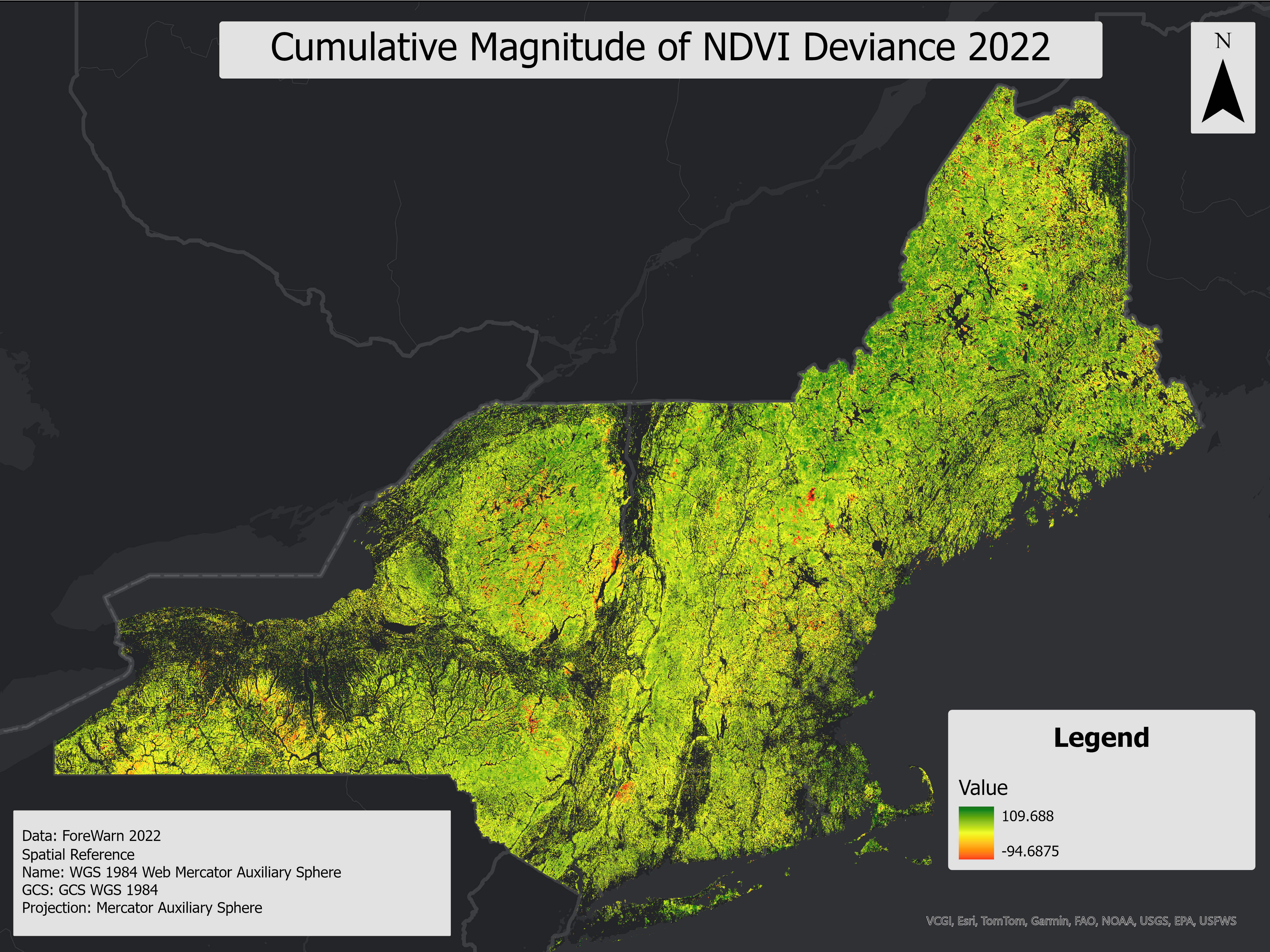 image highlighting areas with significant vegetation changes