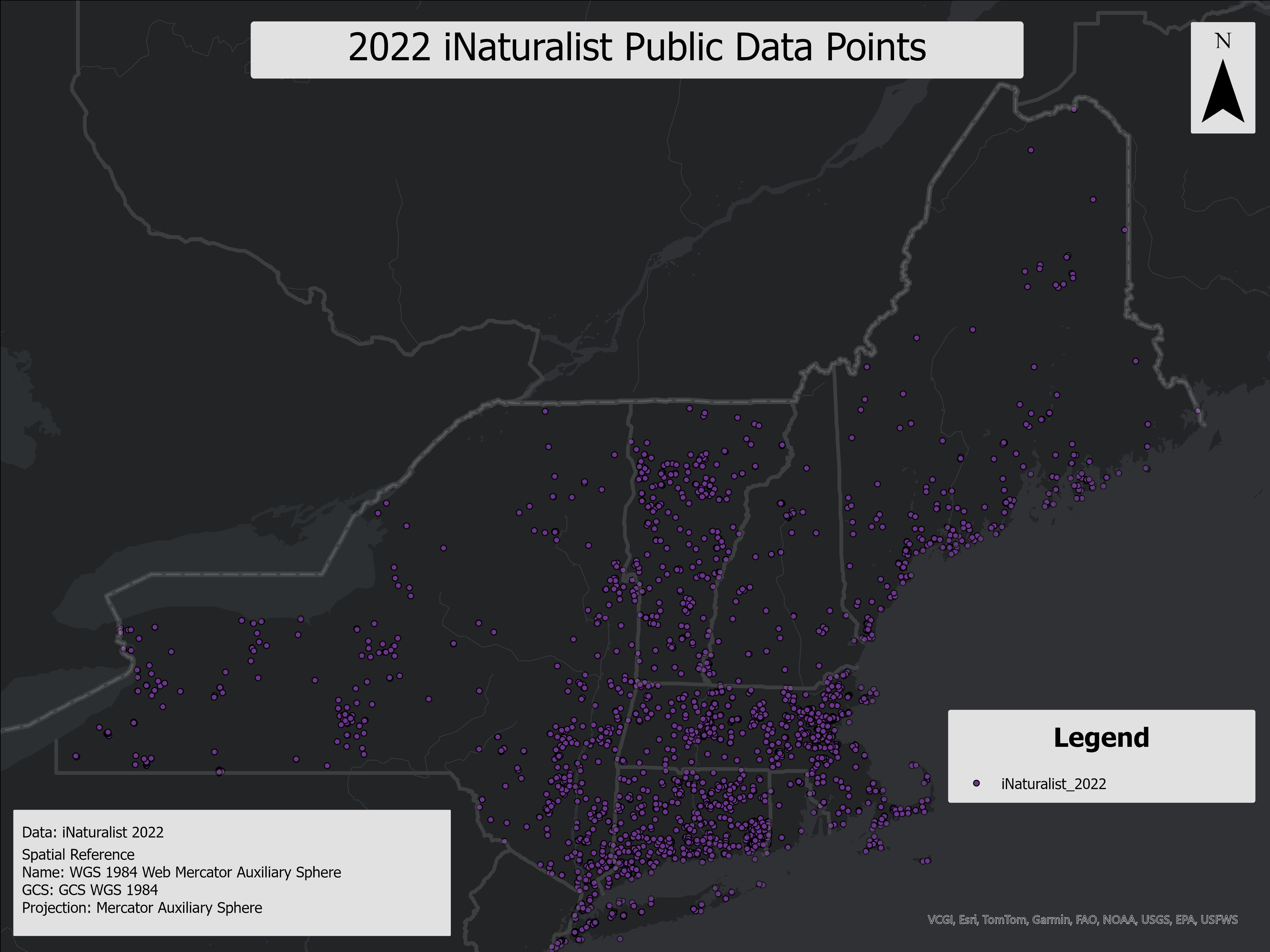 Image of observational data from iNaturalist for the New England and New York region collected throughout the year 2022.