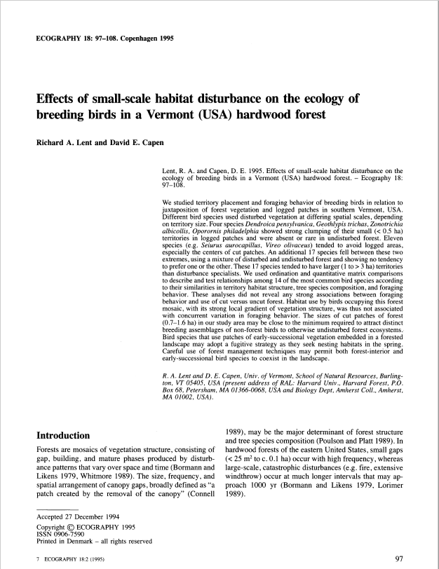 Thumbnail for Effects of small-scale habitat disturbance on the ecology of breeding birds in a Vermont (USA) hardwood forest