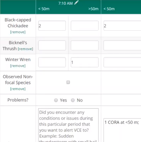 close up of mountain birdwatch data entry form